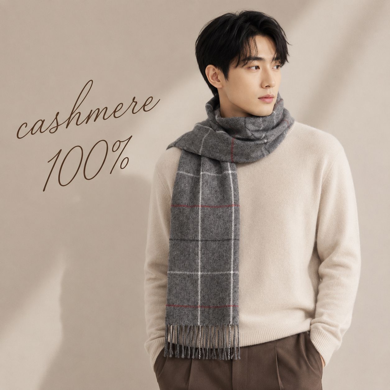 カシミヤ100％   チェック柄マフラー GRAY