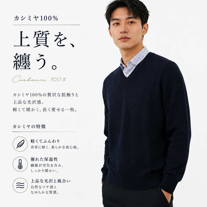 カシミヤ100％   Vネックセーター NAVY BLUE