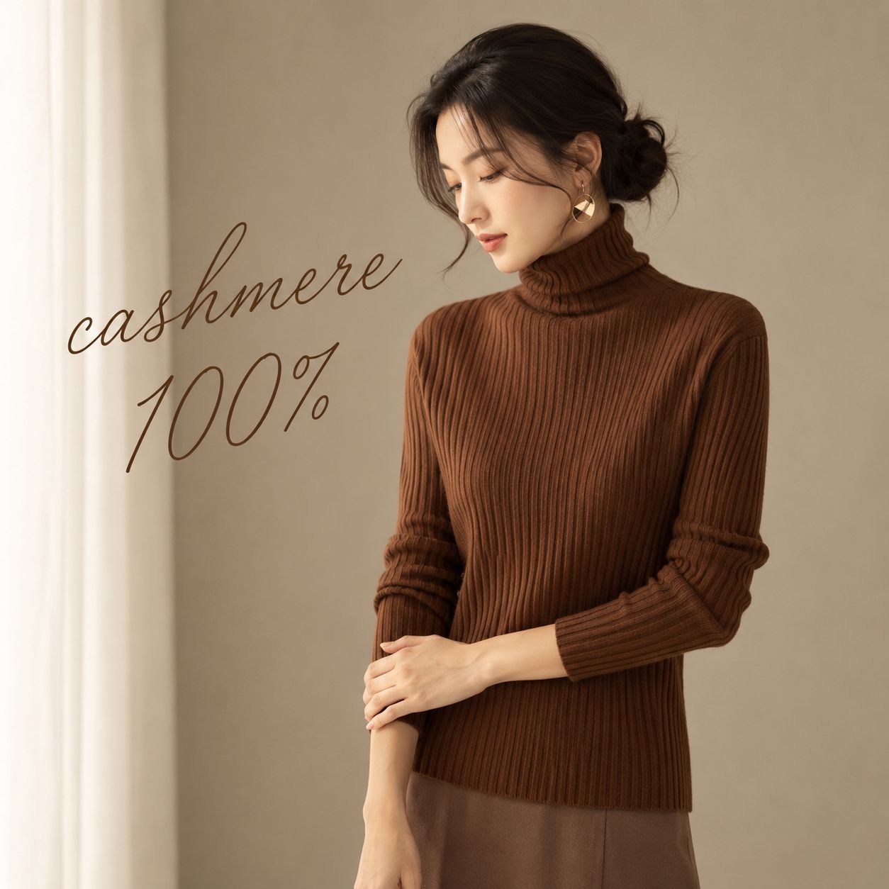 カシミヤ100％   リブタートルネックニット CARAMEL