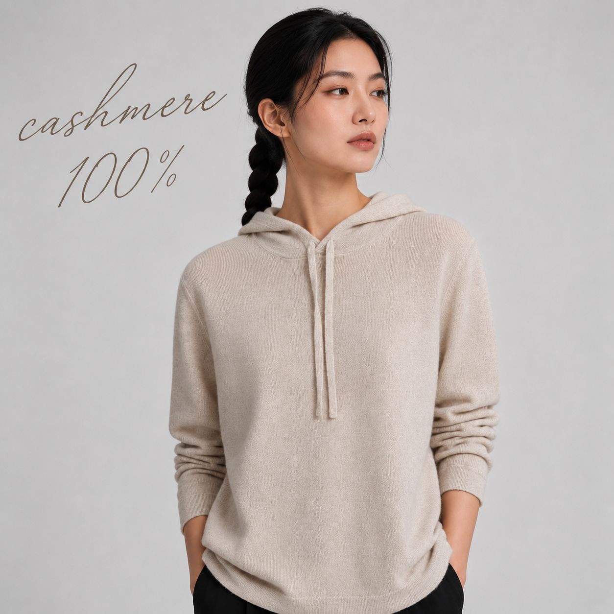 カシミヤ100％   フーデッドニット BEIGE