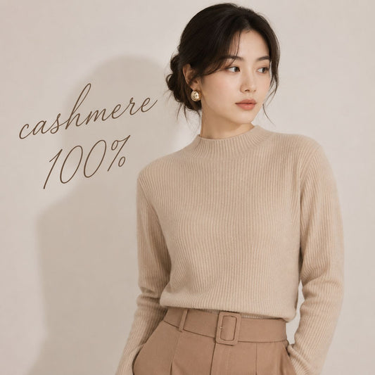 カシミヤ100％   リブモックネックニット BEIGE