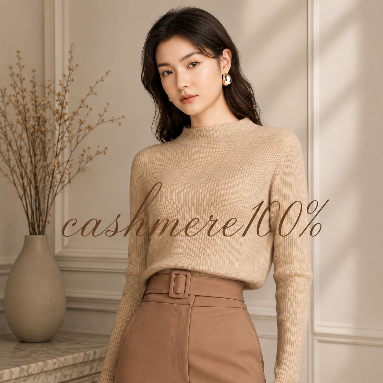 カシミヤ100％   リブモックネックニット BEIGE