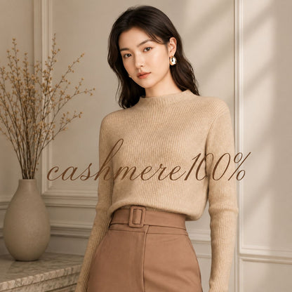 カシミヤ100％   リブモックネックニット BEIGE