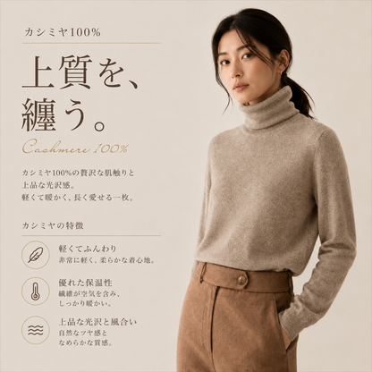 カシミヤ100％   タートルネックセーター BEIGE