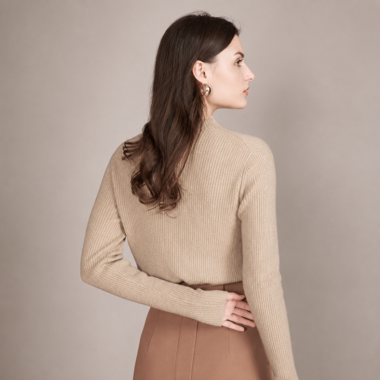 カシミヤ100％   リブモックネックニット BEIGE