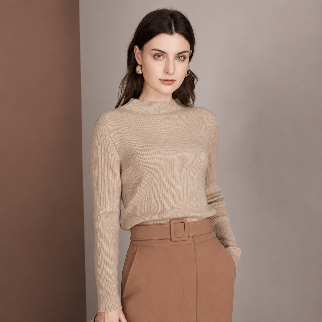 カシミヤ100％   リブモックネックニット BEIGE