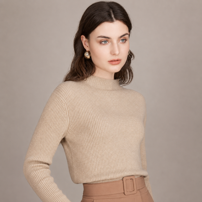 カシミヤ100％   リブモックネックニット BEIGE