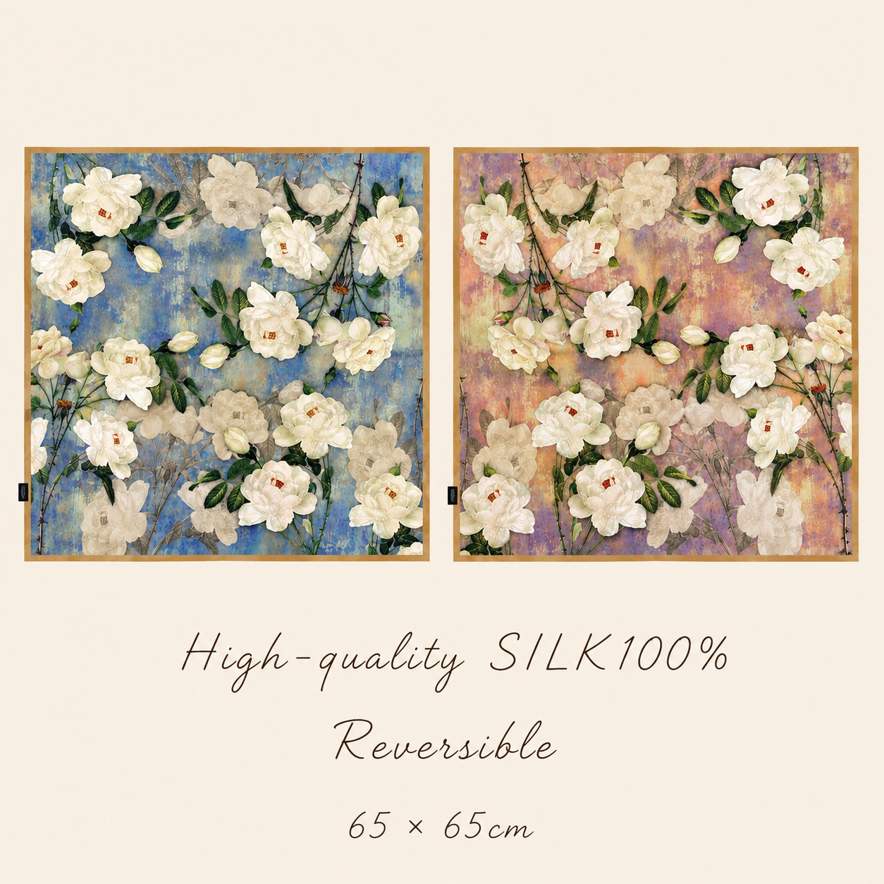 SILK100％  リバーシブルスカーフ 65×65㎝