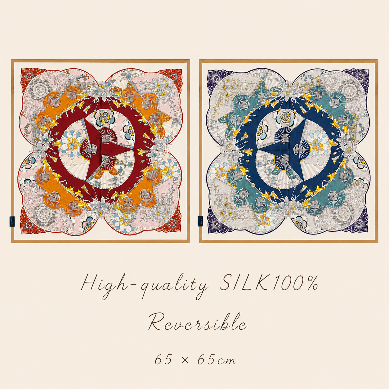 SILK100％  リバーシブルスカーフ 65×65㎝