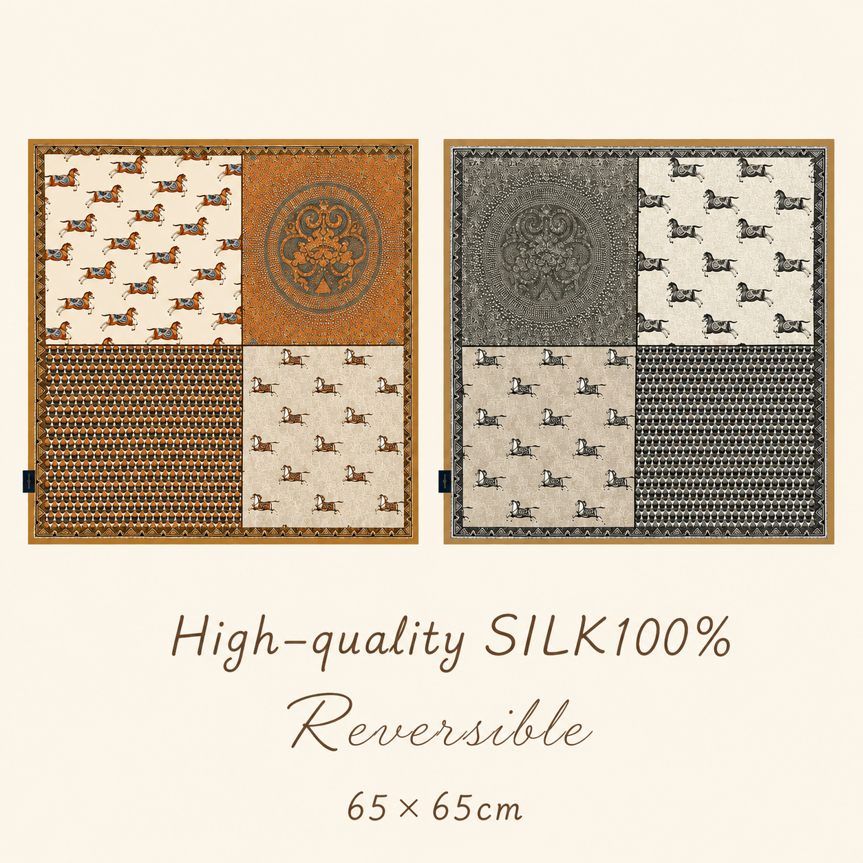 SILK100％  リバーシブルスカーフ 65×65㎝