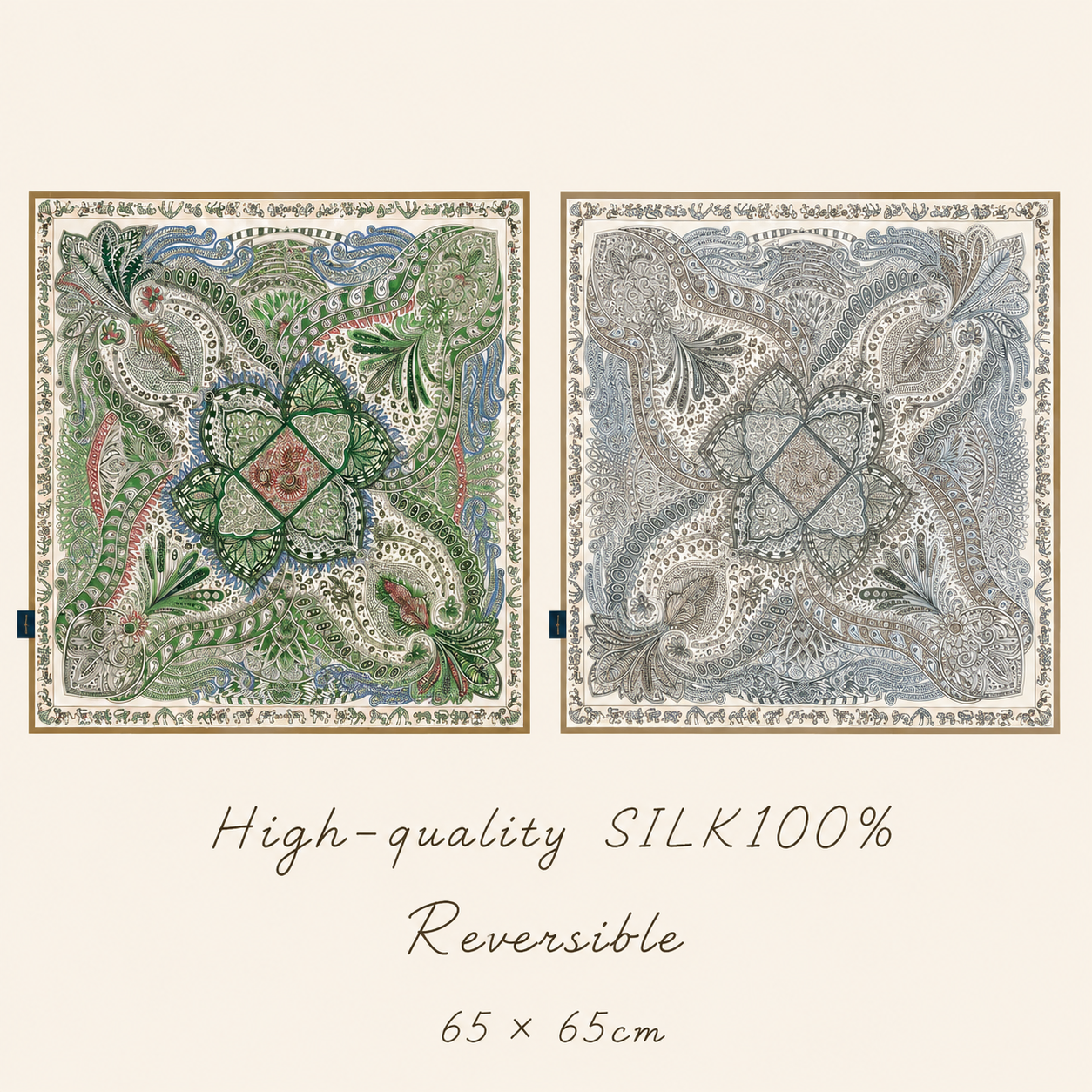 SILK100％  リバーシブルスカーフ 65×65㎝