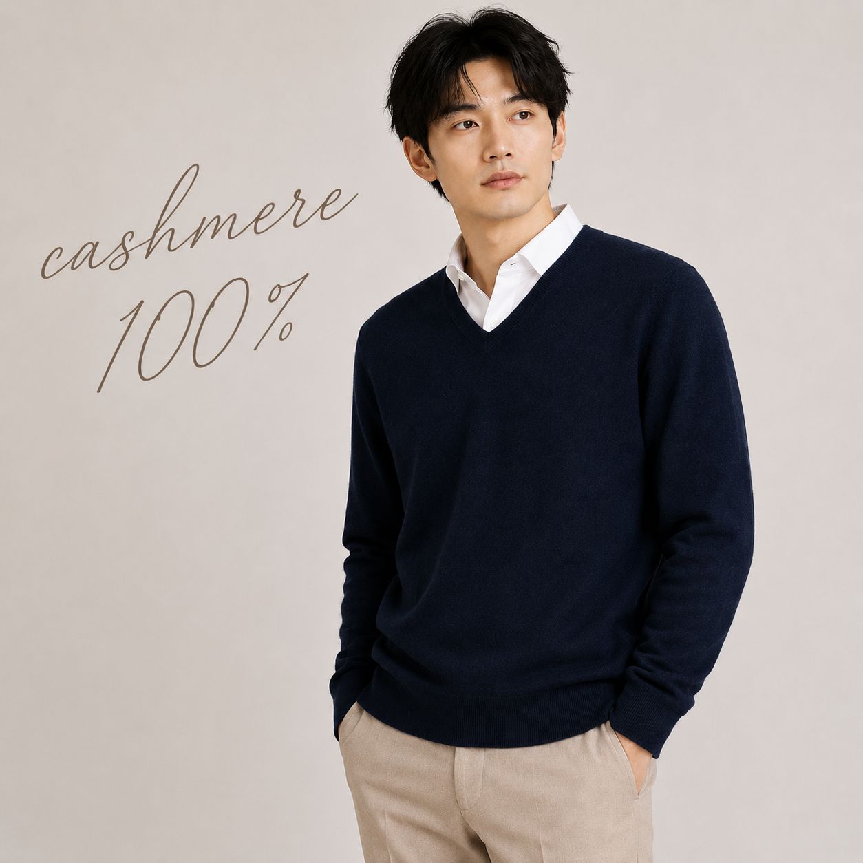 カシミヤ100％   Vネックセーター NAVY BLUE
