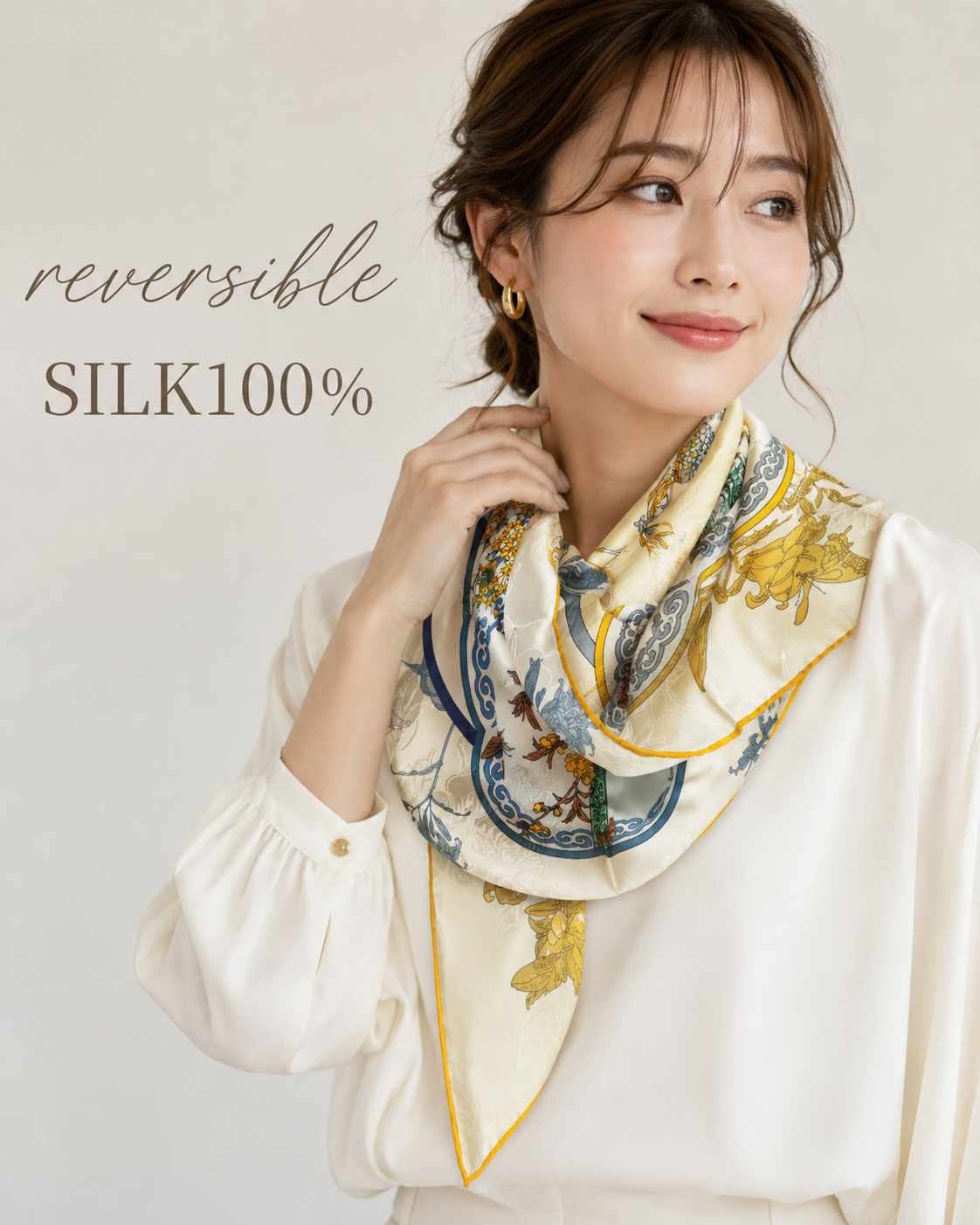 SILK100％  リバーシブルスカーフ 65×65㎝