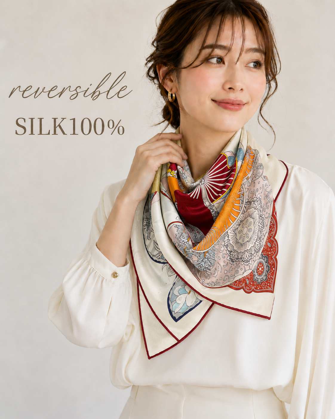 SILK100％  リバーシブルスカーフ 65×65㎝