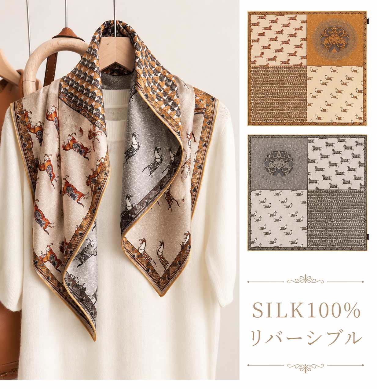 SILK100％  リバーシブルスカーフ 65×65㎝