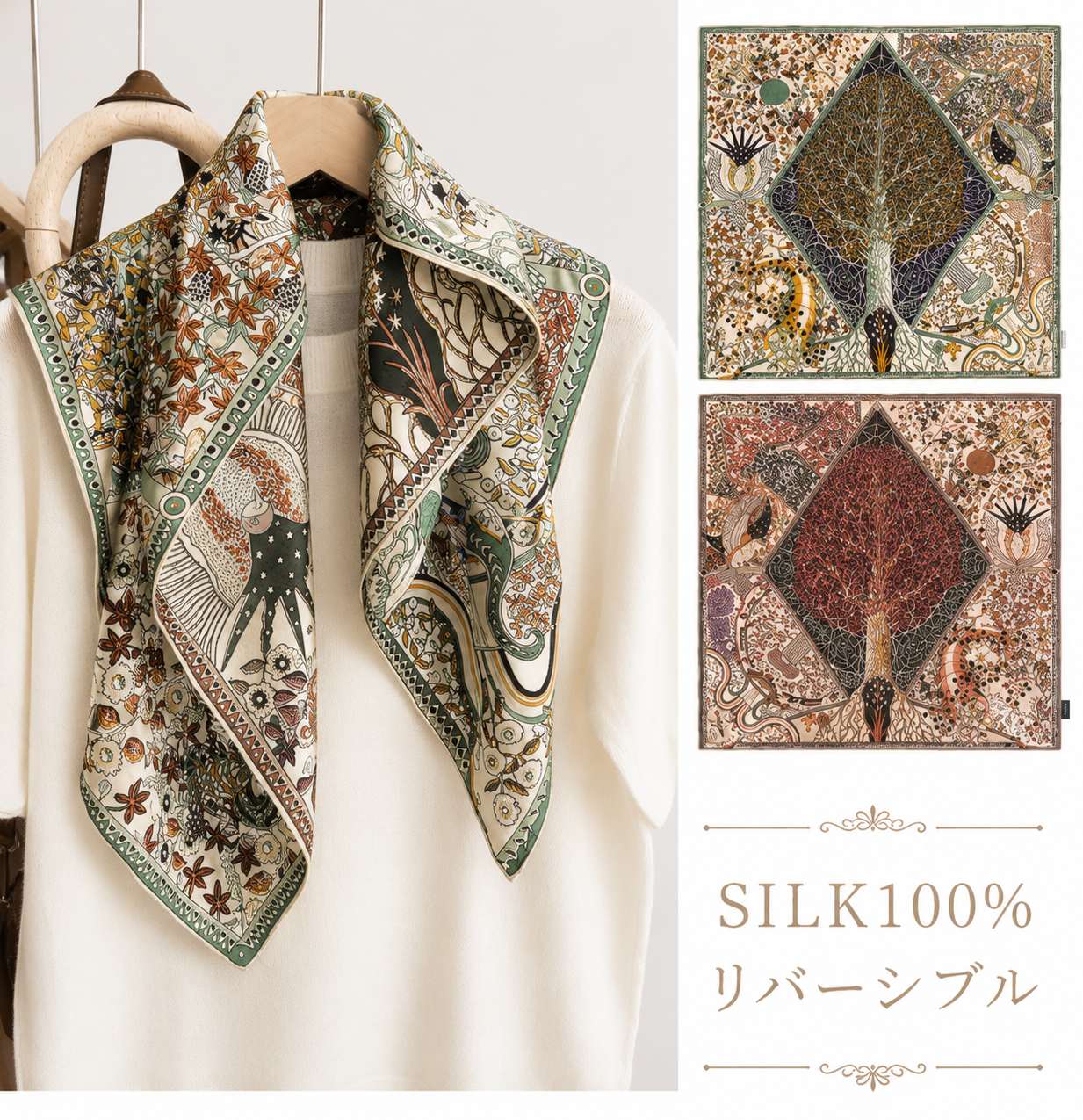 SILK100％  リバーシブルスカーフ 65×65㎝