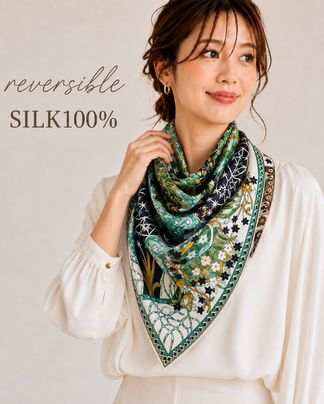 SILK100％  リバーシブルスカーフ 65×65㎝