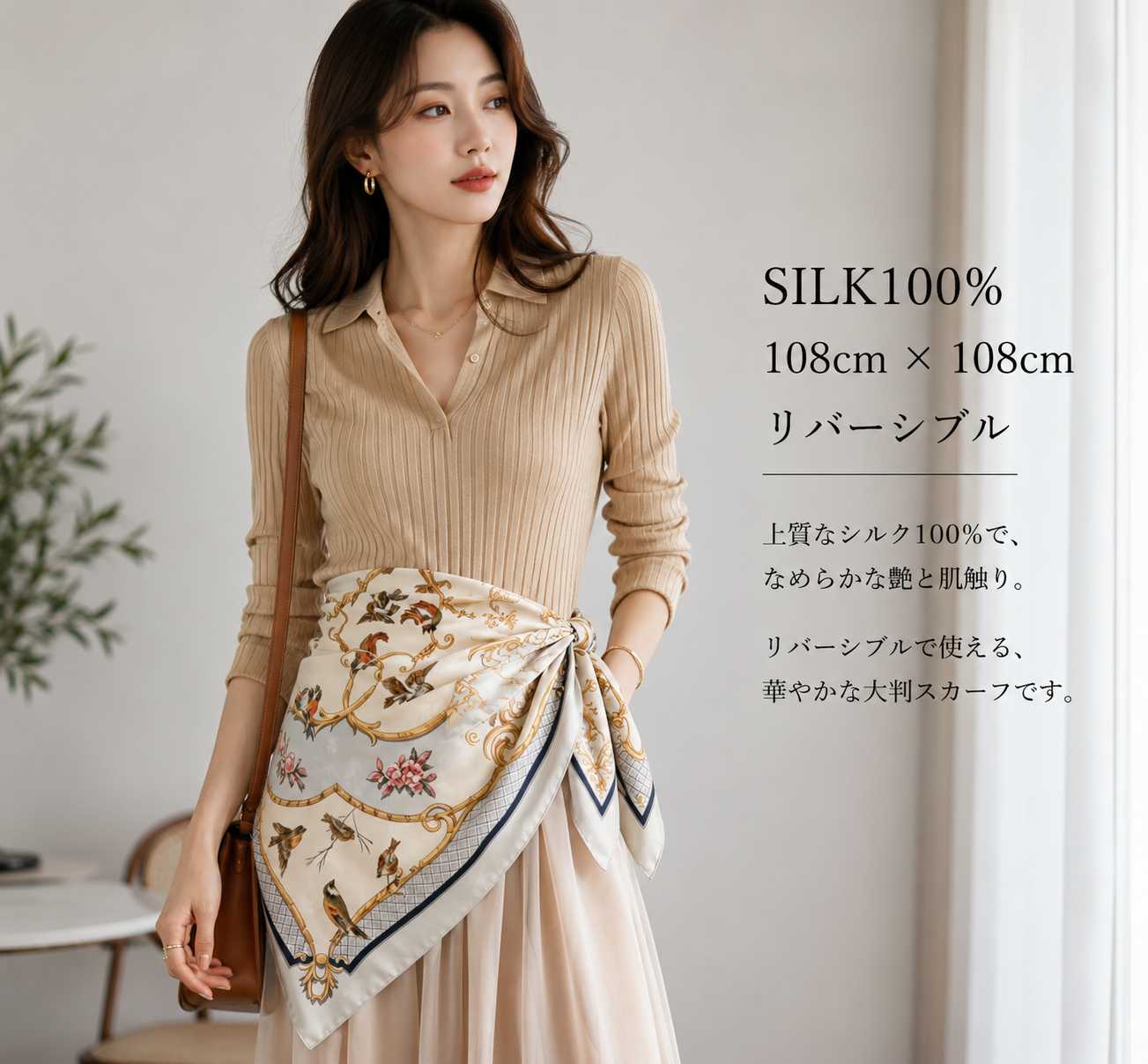 SILK100％  リバーシブルスカーフ 108×108㎝